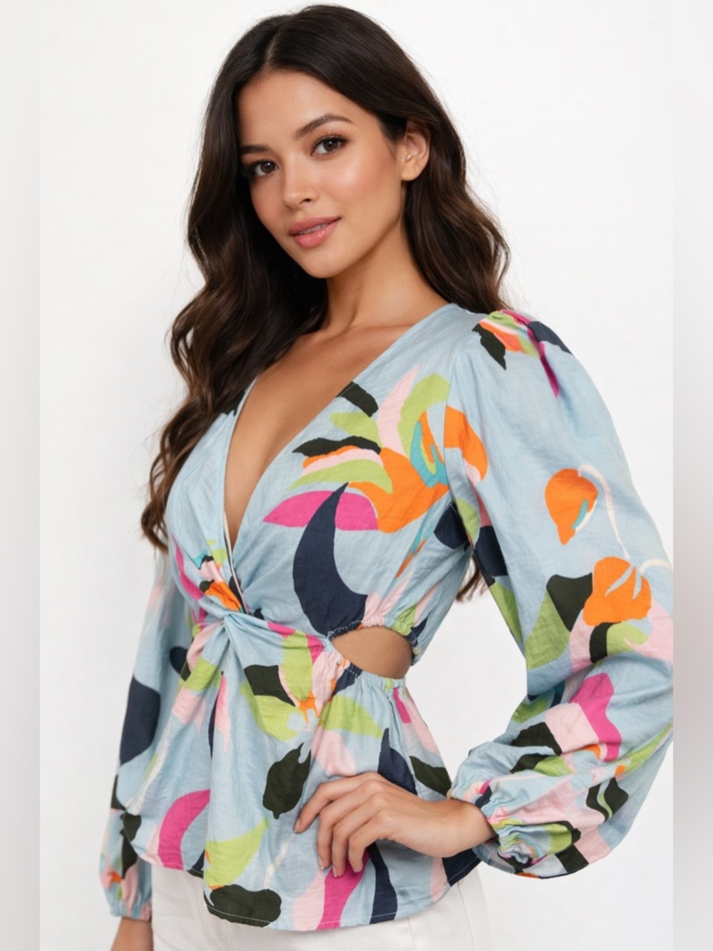 NWT A New Day XS Blue Floral Cutout Twist Front Blouse Top Balloon Sleeve Target